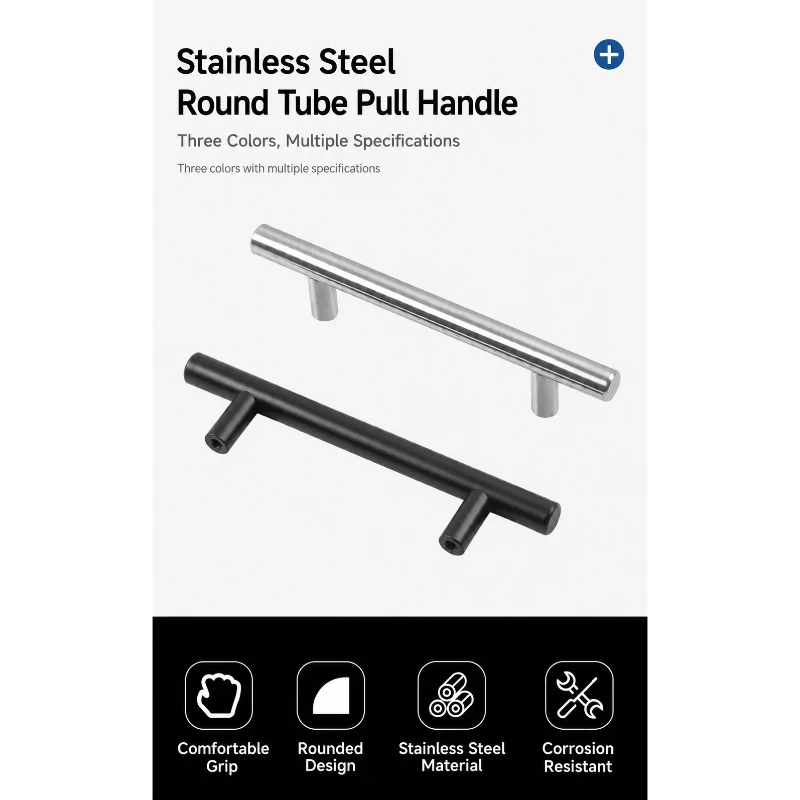 10mm Width Stainless Steel T-Type Handle, Solid & Hollow Double Hole Cabinet Pull, Universal Wardrobe Furniture Hardware