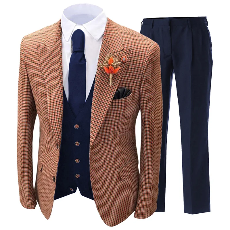 Men's Fashion Plaid Suit 3Pcs Set Slim Fit Prom Party Wedding Groomsmen Groom Suit Tuxedo Fashion Gold Blazer Vest Pants