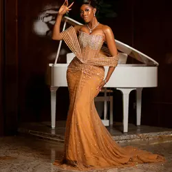 Aso Ebi Coffee Sparkly Beaded Off Shoulder Mermaid Evening Dresses Sexy Strapless Birthday Party Gowns For Women Robes