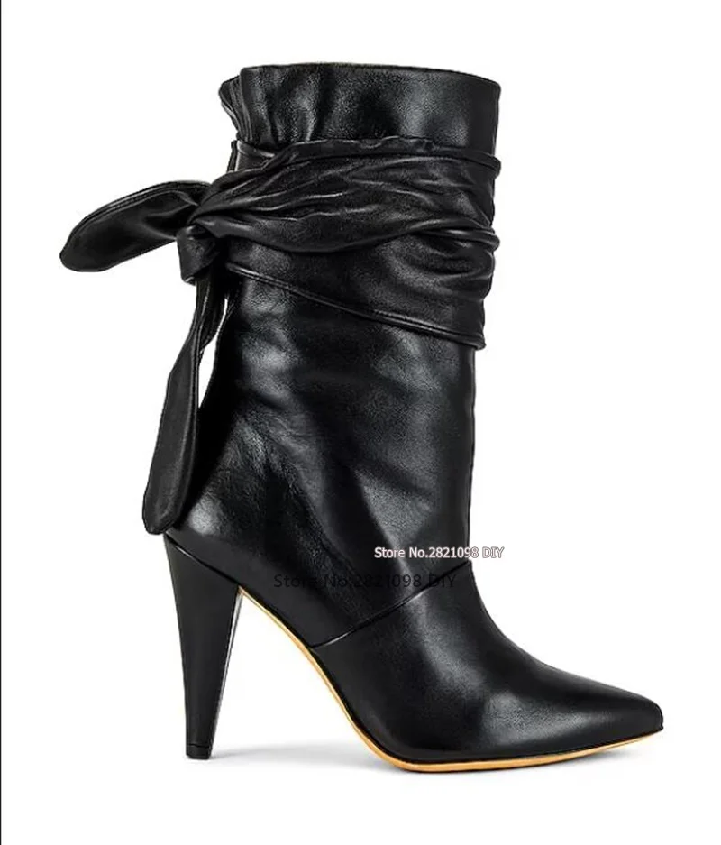 

Attached Wrap Tie Accent Black Leather Ankle Boots Women Spike Heeled High Heels Pointed Toe Fashion Party Bootie