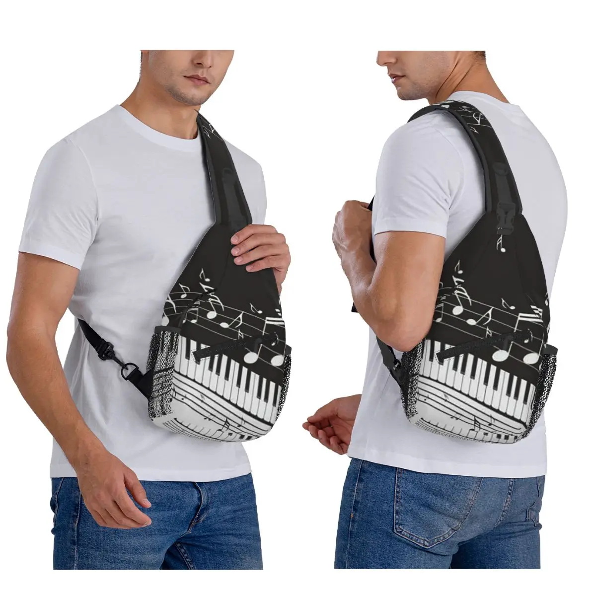 Golden Musical Notes Piano Keyboard Chest Bag Men Sling Crossbody Backpack Chest Bag Travel Hiking Daypack Shoulder Bag