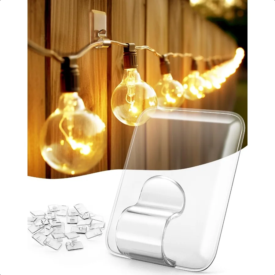 

Hooks for Outdoor String Lights Clips: 20 Pack Large Clear Rectangle Outdoor Light Clips Waterproof Adhesive Strips Heavy Duty