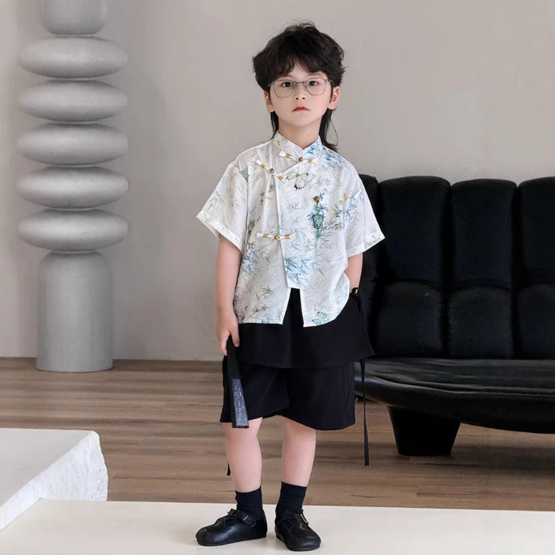 

2025 New Men's Boys Summer Outfit Set Summer Tang Suit Shirt for Young Children Chinese Style