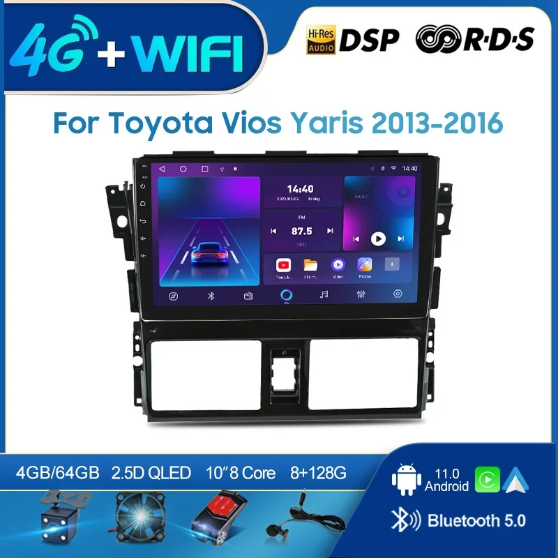 

QSZN для Toyota Vios Yaris 2013-2016 2din Android 12.0 Автомобильный радиоприемник Мультимедийный видеоплеер GPS-навигация 4G Carplay головное устройство