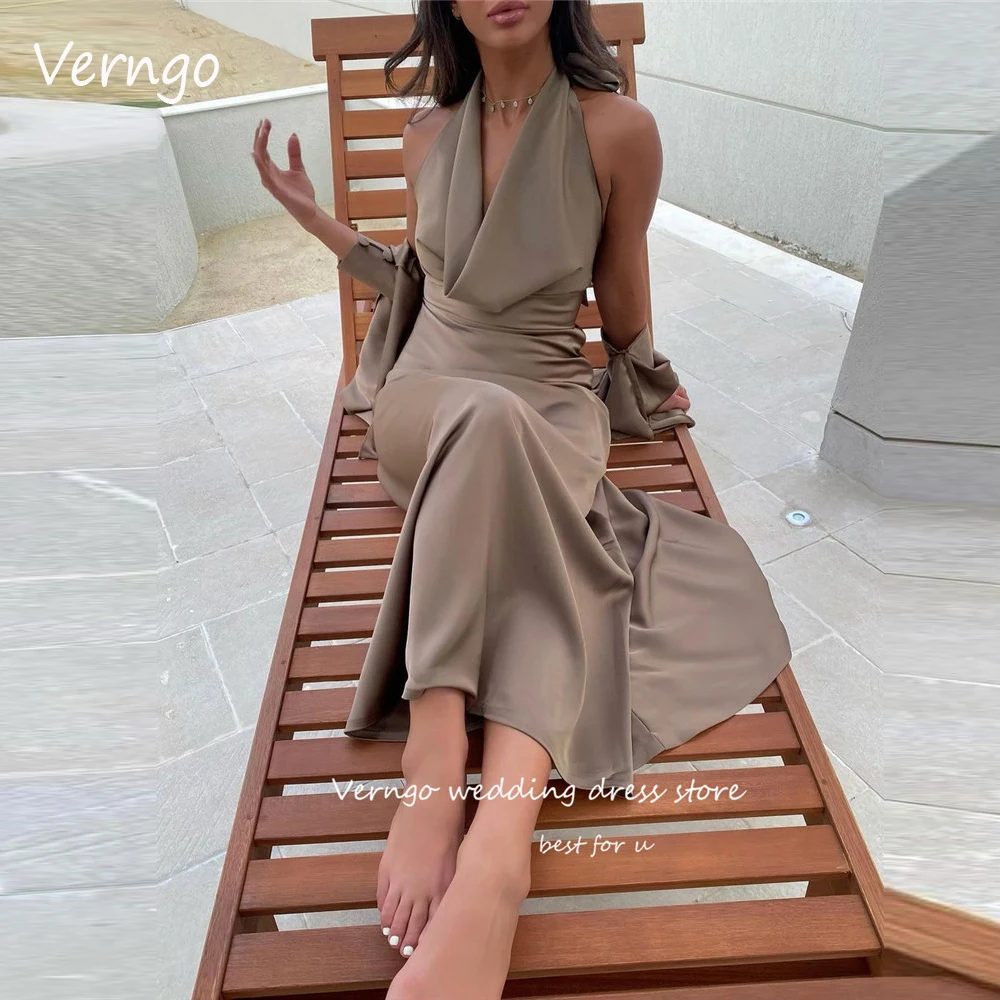 Verngo 2023 Brown Satin Saudi Arabic Evening Party Dresses Long Jacket Halter Backless Prom Dress Formal Occasion Simple Gowns