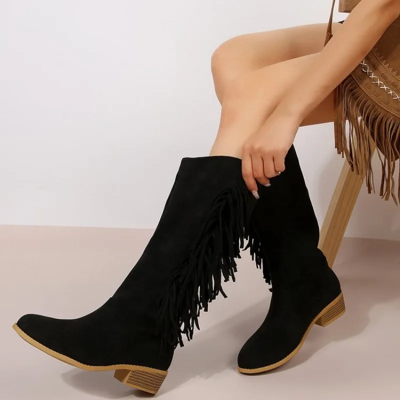 European and American Large-sized Suede Long Fringed Boots for Women,2026New Style Pointed Low-heeled Versatile Long Boots,36-43