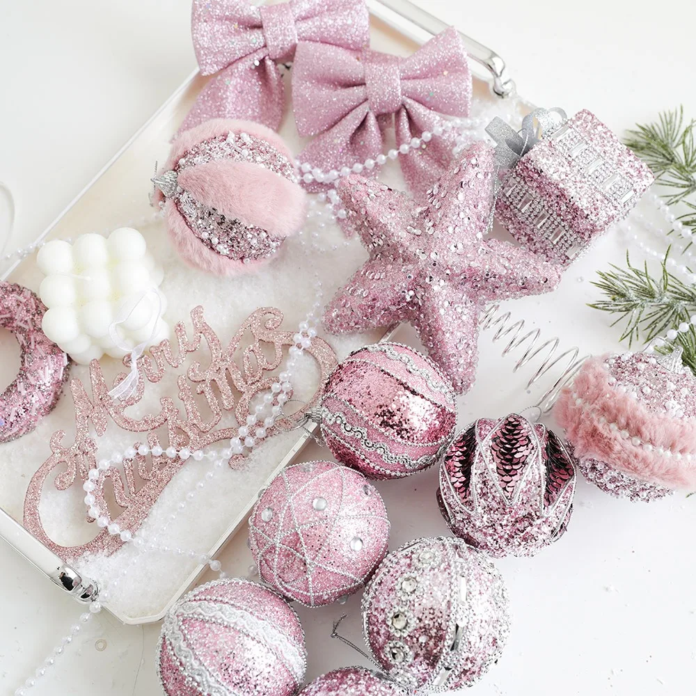 

Christmas Tree Decoration Champagne Pink Glitter Star Snowflake DIY Xmas Hanging Pendants New Year Navidad Party Decorations