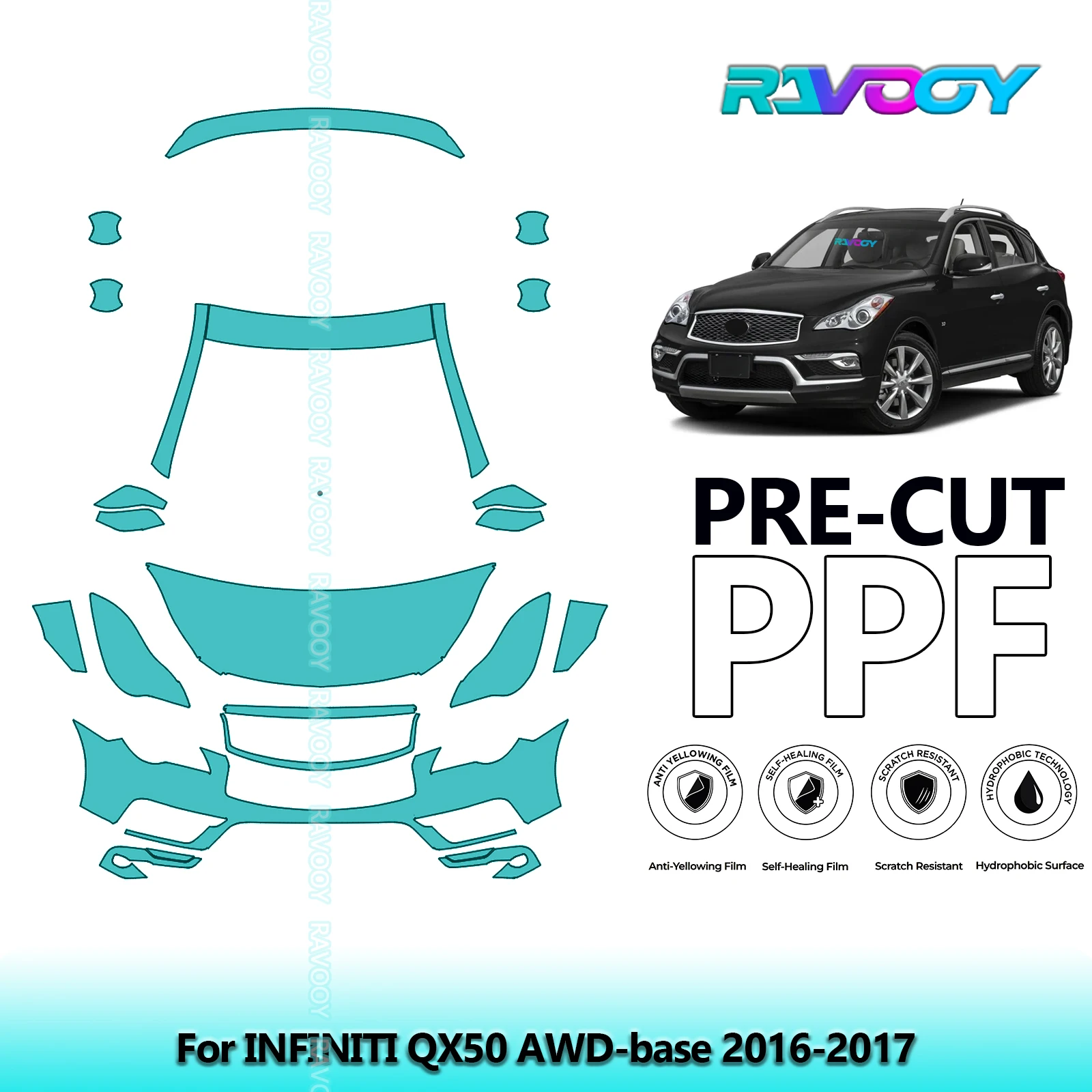 Película protectora de pintura precortada de 8,5 mil, Kit frontal de sujetador transparente PPF para INFINITI QX50 AWD-base 2016-2017