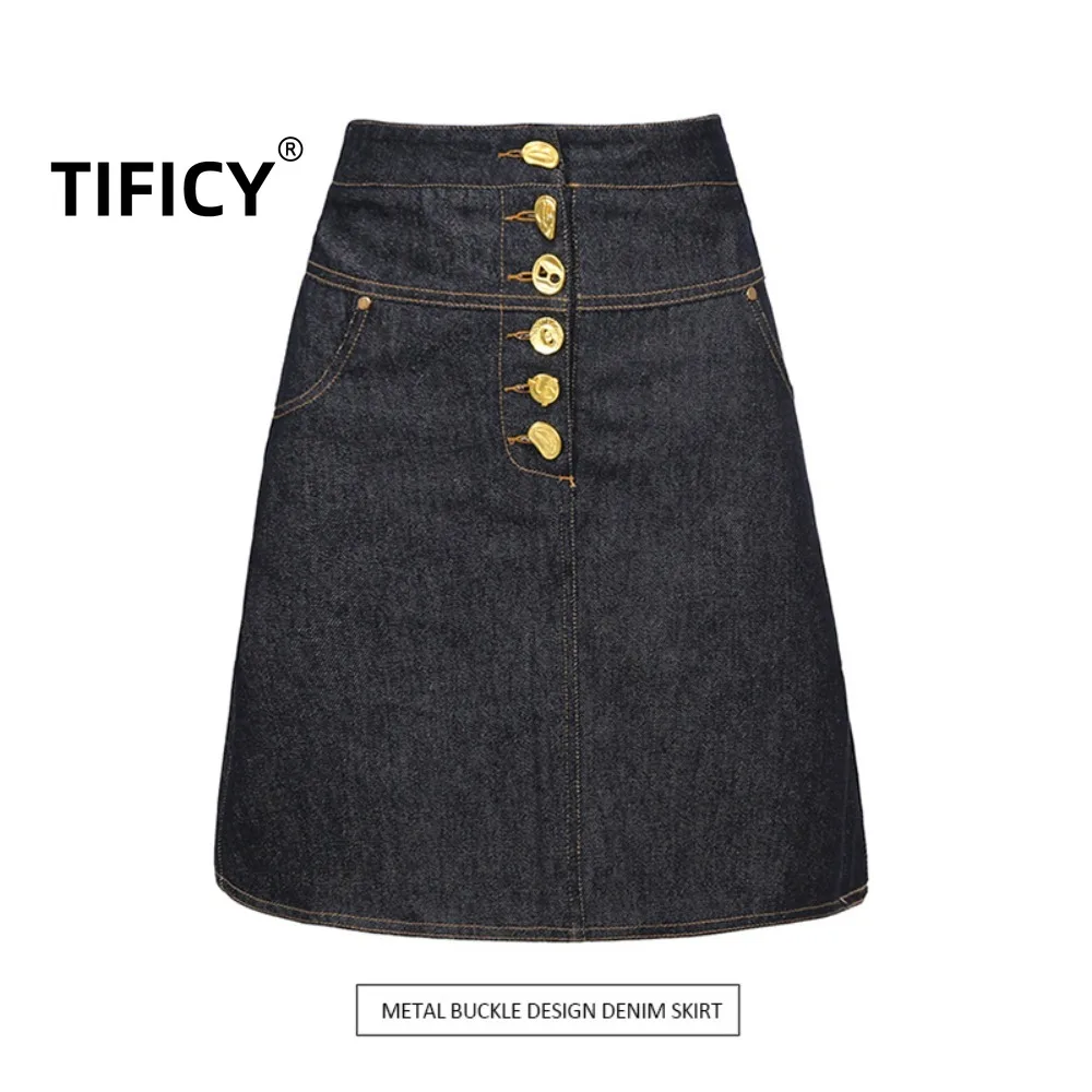 High Street Jeans Skirt Women's New Style High Waisted Single Row Gold Button Design Streetwear Denim Skirt Vintage