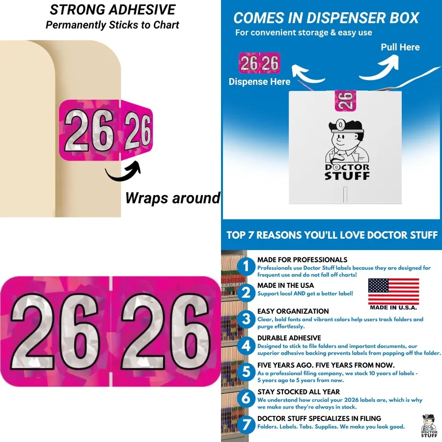 

2026 Year Stickers Doctor Stuff Holographic Fuchsia Colored USA Made Year Labels for End Tab File Folders 500 Labels per Roll 1