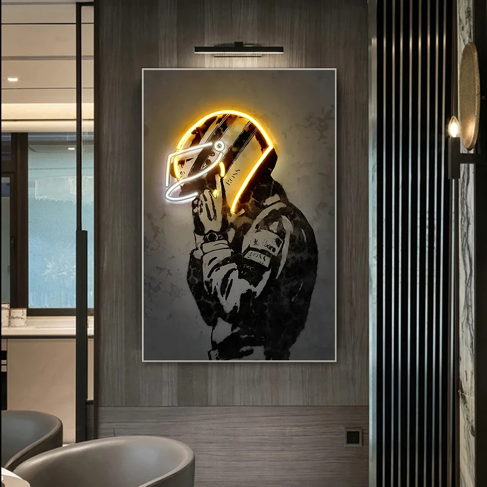 Abstract Ayrton Senna Neon Helmet Wall Art Canvas Painting Motorcycle Racing Posters and Prints Sport Picture for Home Bar Decor