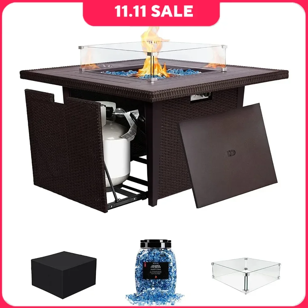 42 Inch Fire Pit Table, 50,000 BTU Outdoor Square Gas Fire Pit Table, Fire Pit