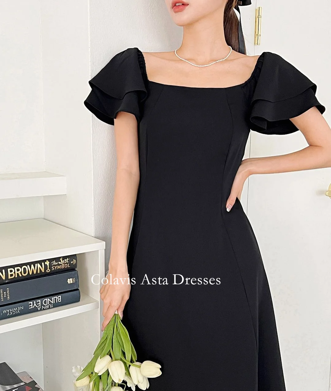 

Colavis Asta Korea Off the Shoulder Black Evening Dresses 웨딩드레스 Satin Ruched T-Length Custom Made A-Line Prom Gowns Plus Size