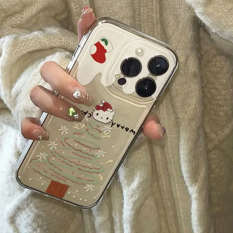 Hellos-Kittys Christmas Tree Phone Case For iPhone 16 15 14 13 12 11 Mini Pro Max X XR XSMax 7 8 Plus Transparent Soft TPU Cover