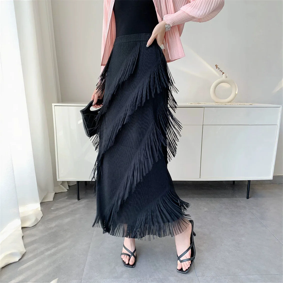 Miyake Pleated Skirt for Women New 2026 Spring Tassel High Waist Elegant Fashion Versatile Commuter Solid Color Skirt Pleat