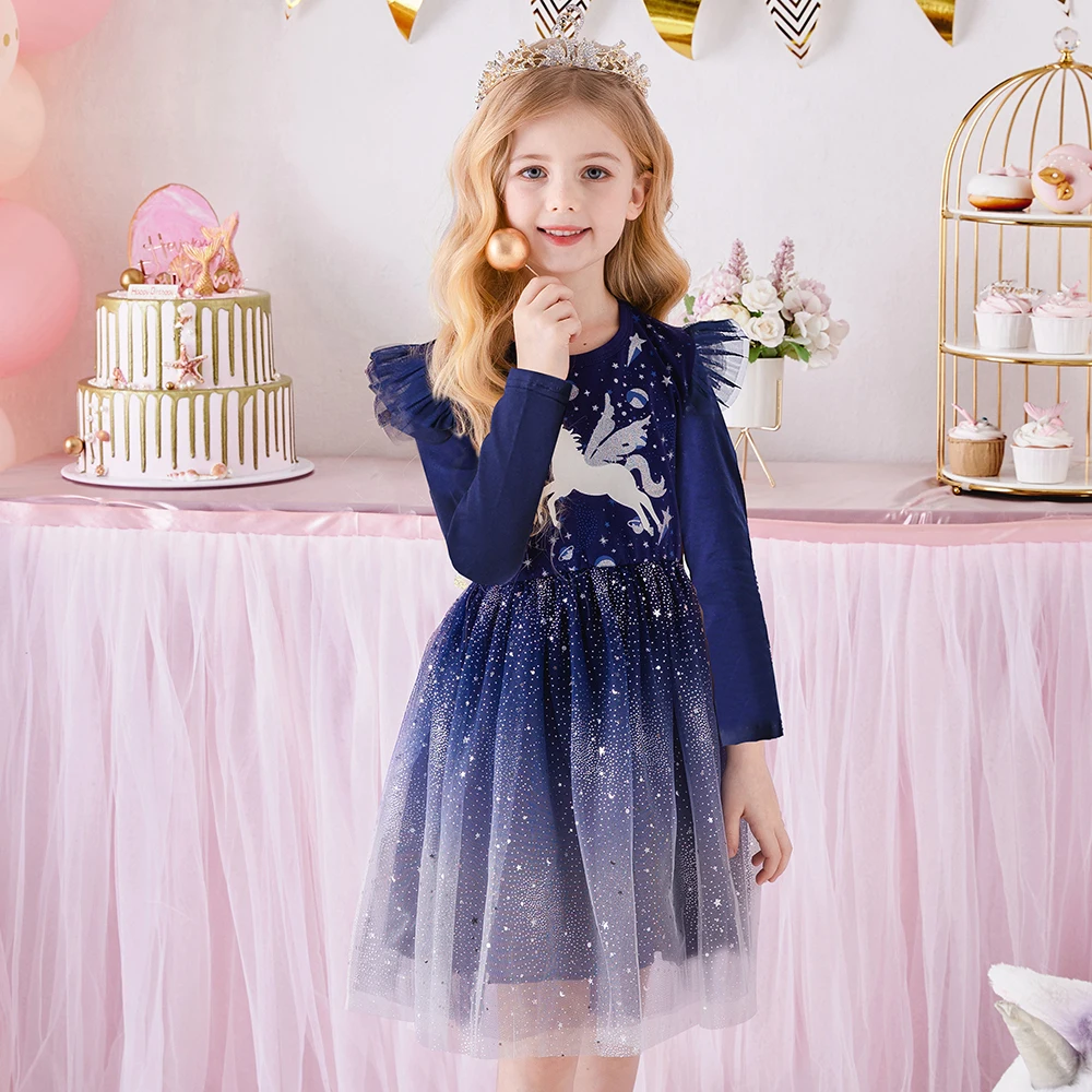 DXTON Ruffled Sleeve Kids Princess Dress Starry Galaxy Print Children Daily Clothing Dot Tulle Unicorn Girls School Casual Dress