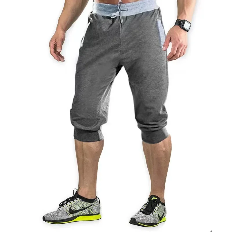 Calça curta casual de corda dupla para ginástica fitness, calça masculina cortada, calça masculina de treino, verão, nova, 3/4, 2023