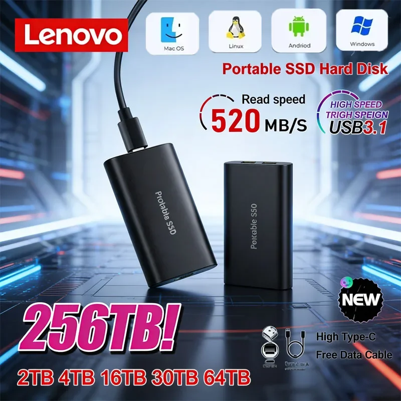 

Портативный SSD-накопитель Lenovo 2 ТБ, 4 ТБ, 8 ТБ, 256 ТБ: высокоскоростные твердотельные диски большой емкости для ноутбуков/MAC