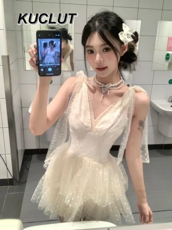 

French Style V Neck Dress Femme Summer Fashion Polka Dot Splicing Mesh Strap Suspender Waist Short Birthday Dresses for Women