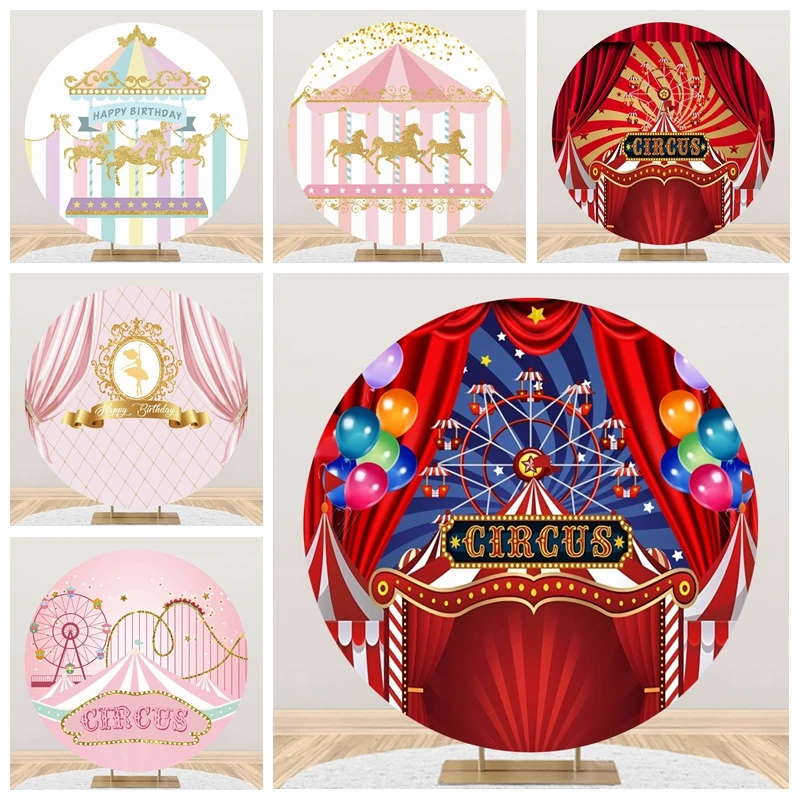 

Circus Carousel Round Background Boy Girl 1st Birthaday Party Decor Baby Portrait Photocall Pink Princess Circle Backdrop Cover