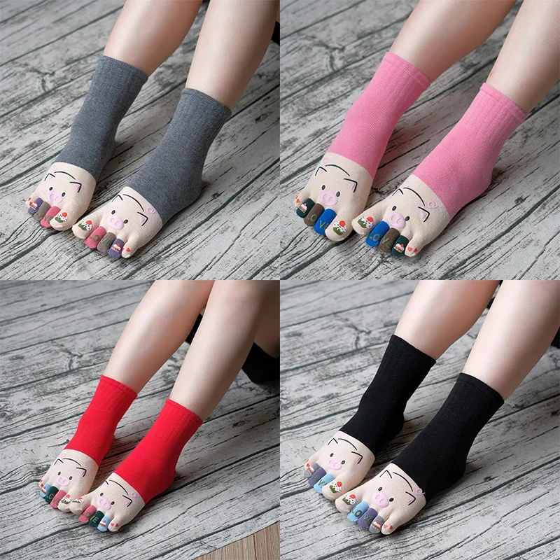 4 Pairs Autumn And Winter New Female Pure Cotton Cartoon Five Finger Socks All-cotton Cute Female Split-toe Socks Women