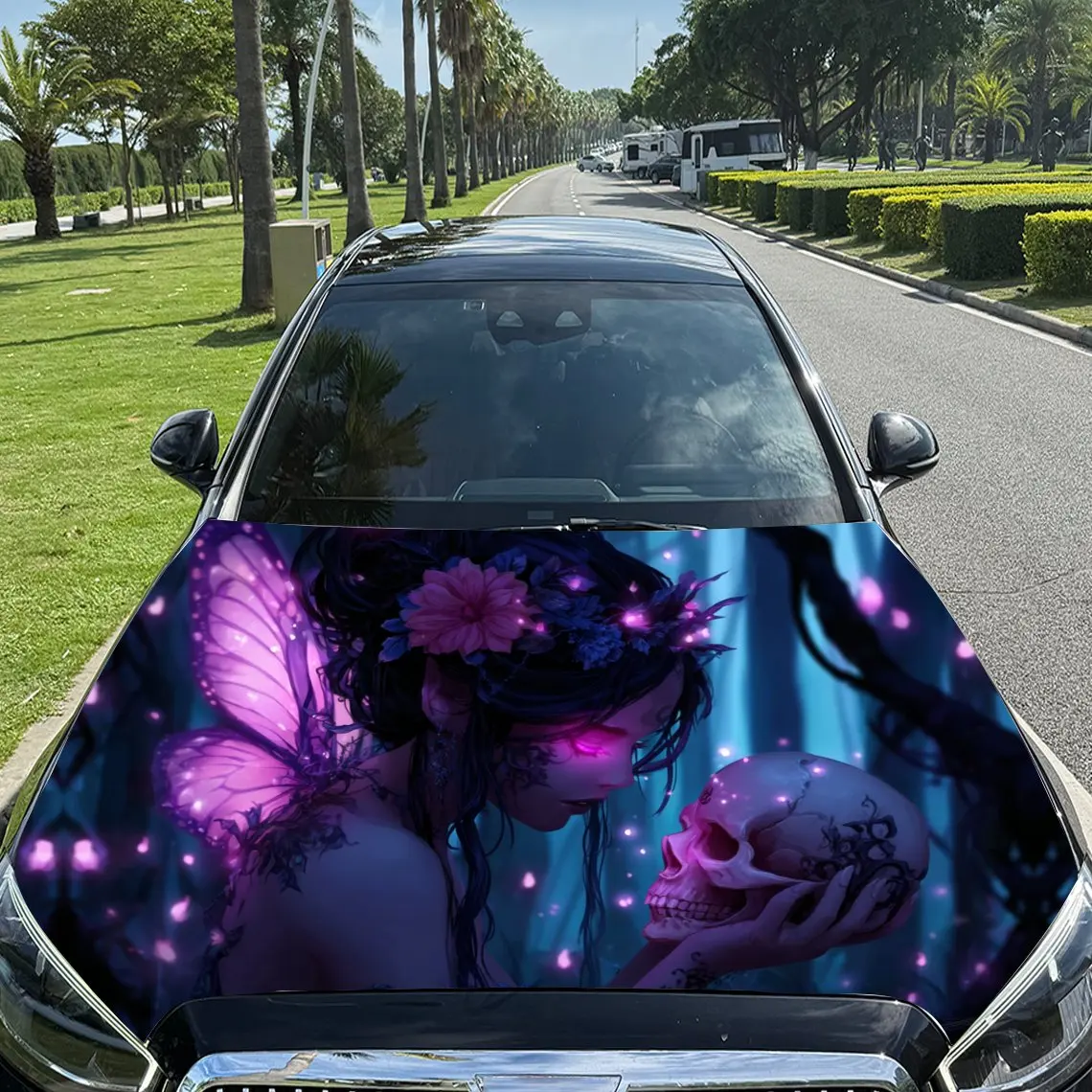 

Виниловая пленка для автомобиля с фиолетовой бабочкой и черепом, водонепроницаемая наклейка на капот автомобиля из ПВХ, самоклеящаяся устойчивая к царапинам палочка