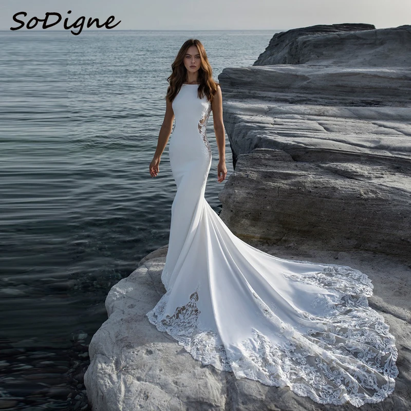 

SoDigne Mermaid Wedding Dresses Scoop Neck Sleeveless Appliques Bridal Gowns Beach Wedding Dress vestido de noiva Customized