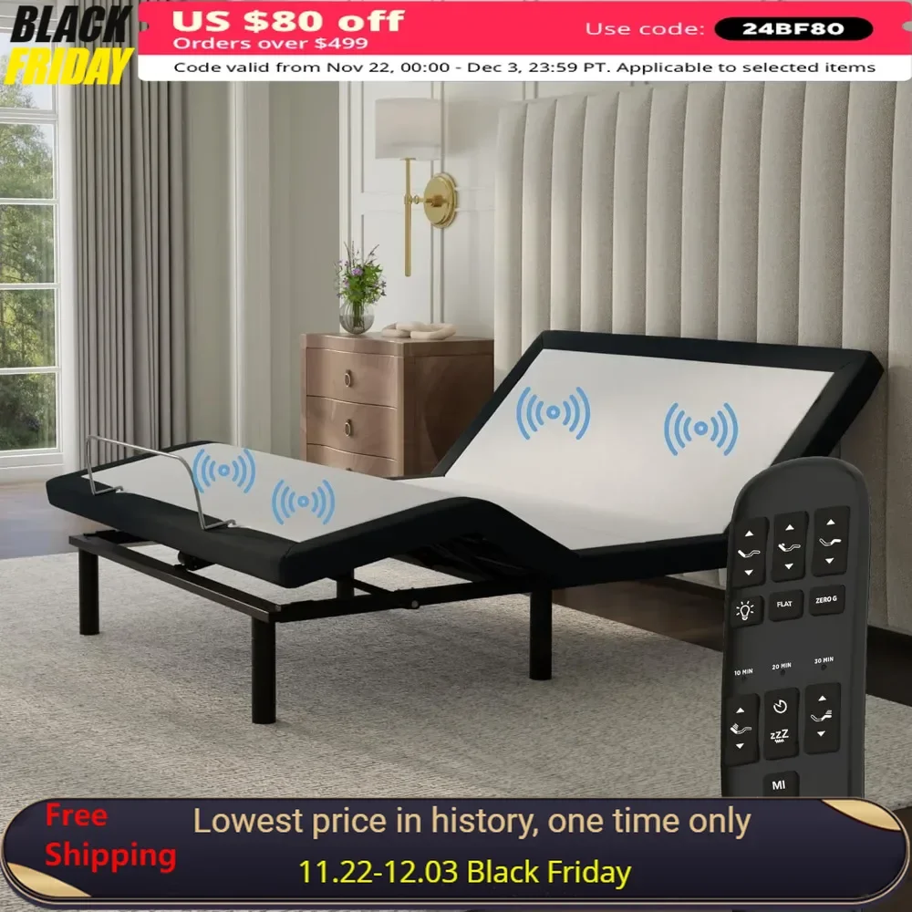 Queen Adjustable Bed Frame with Zero Gravity，Massage Motors，Anti-Snore，USB，Nightlight，Wireless Remote，Electric Bed Frame