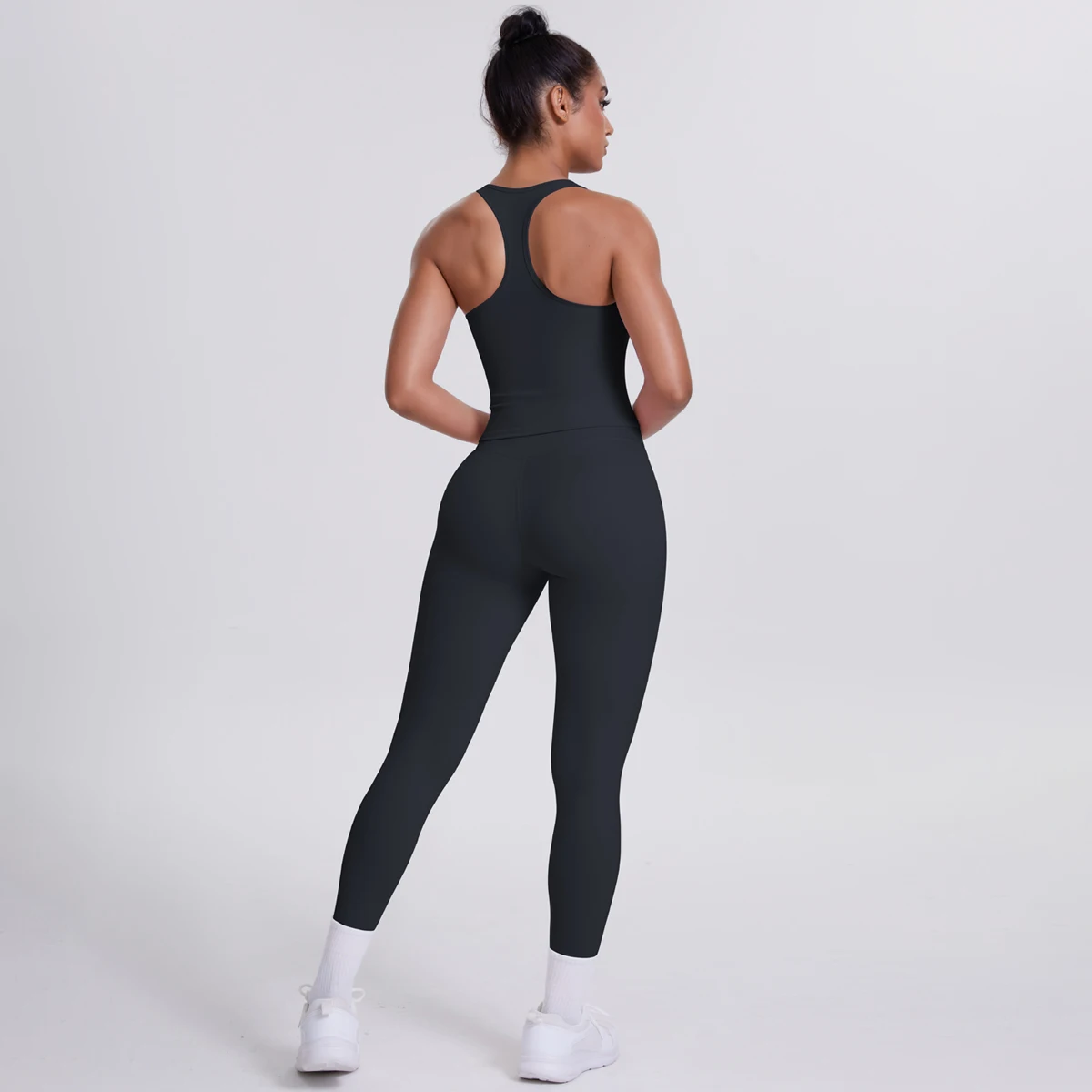 Hamidou 2-teiliges Damen-Yoga-Set, schnell trocknende, hüftformende Fitnesshose, Yoga-Leggings, einfarbig, Gym, schöner Rücken, I-förmige Weste – Detail 9