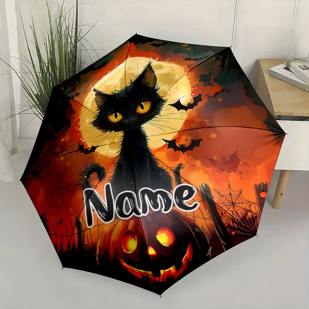 Custom Name Umbrella,Halloween Black Cat with Pumpkin and Full Moon Design Umbrella