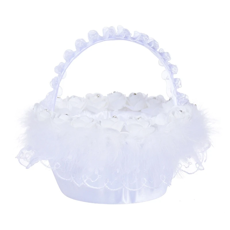 Flower Girl Basket White Small Cloth Baskets with Lace Ostrich Fluff Faux Rose Flowers Decor for Wedding Ceremony Dropship