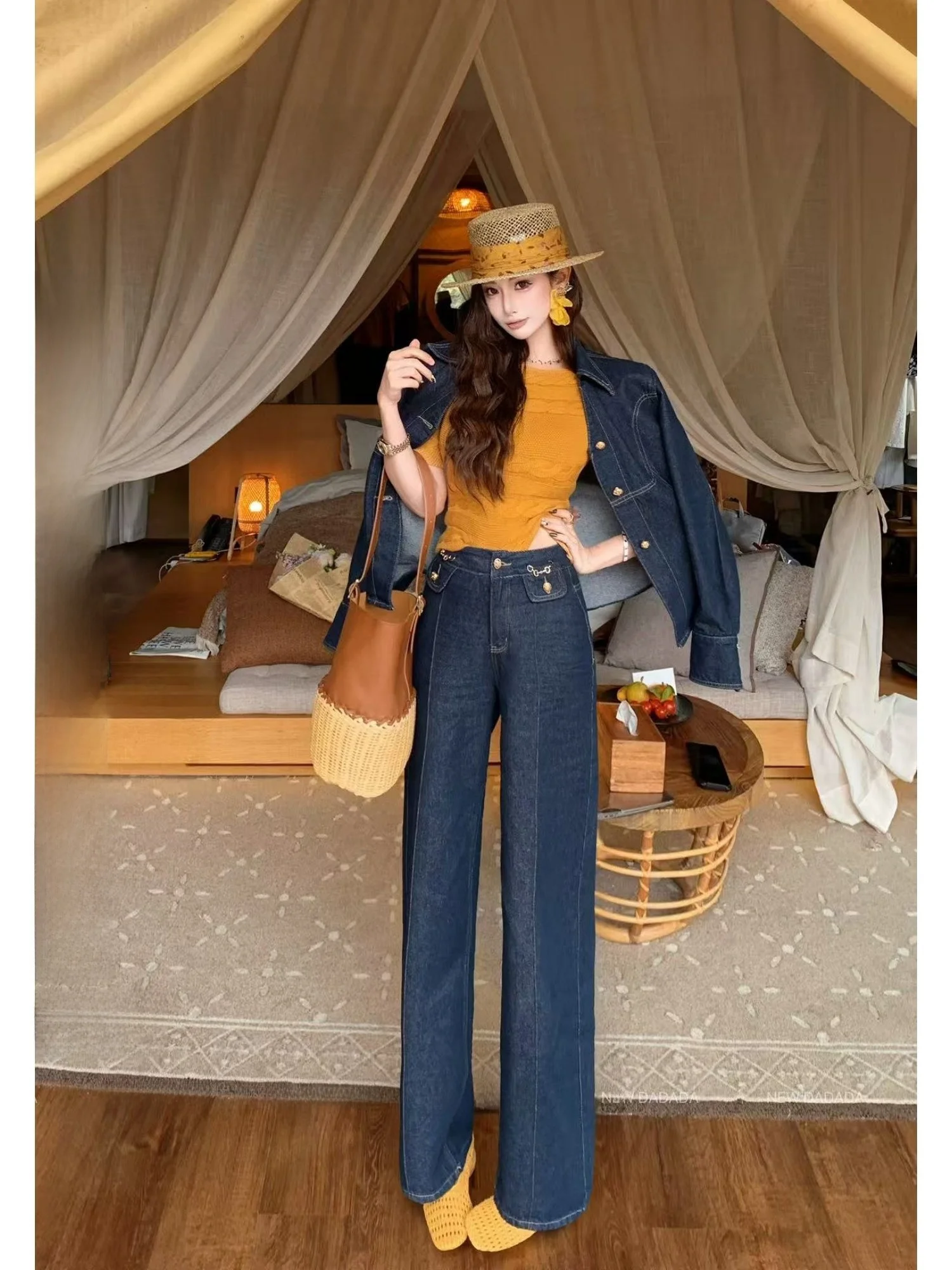 

New Dadada Retro Gold Bule Denim Unique Slimming Women's Jeans High Waist Cotton Straight Leg Warm Pure Color Spring Season