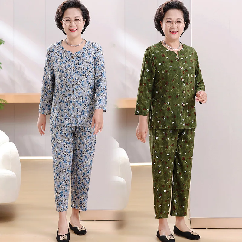 

XL-5XL Пижамы De Mujer, большой размер, комплект одежды для сна из хлопка и вискозы, весенне-осенняя домашняя одежда, пижамы, женский костюм для бабушки, костюм