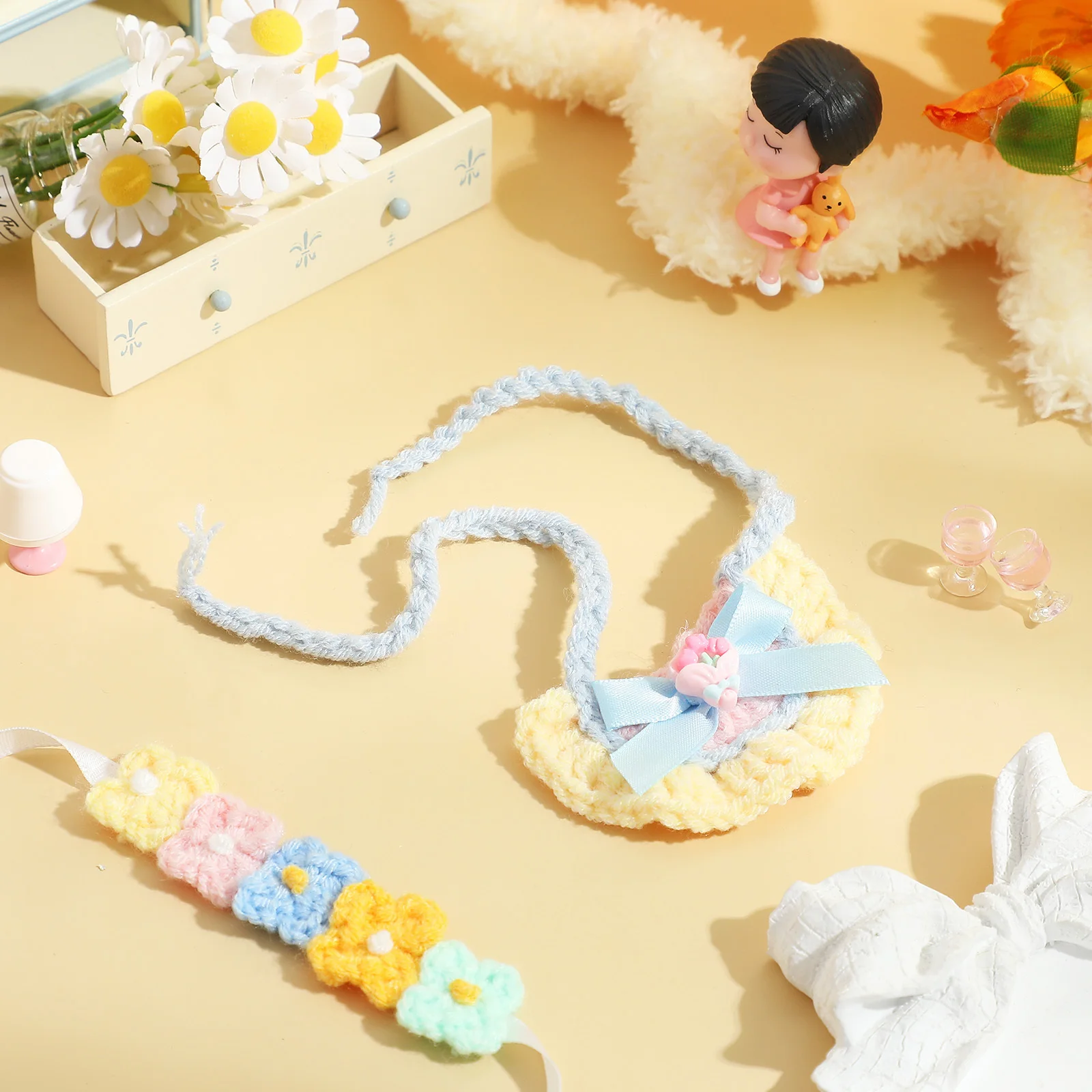 

1Set Knitted Headband Bib Set Compatible for Labubu 17cm Baby Clothes Photoshoot Prop Floral Mini Accessories