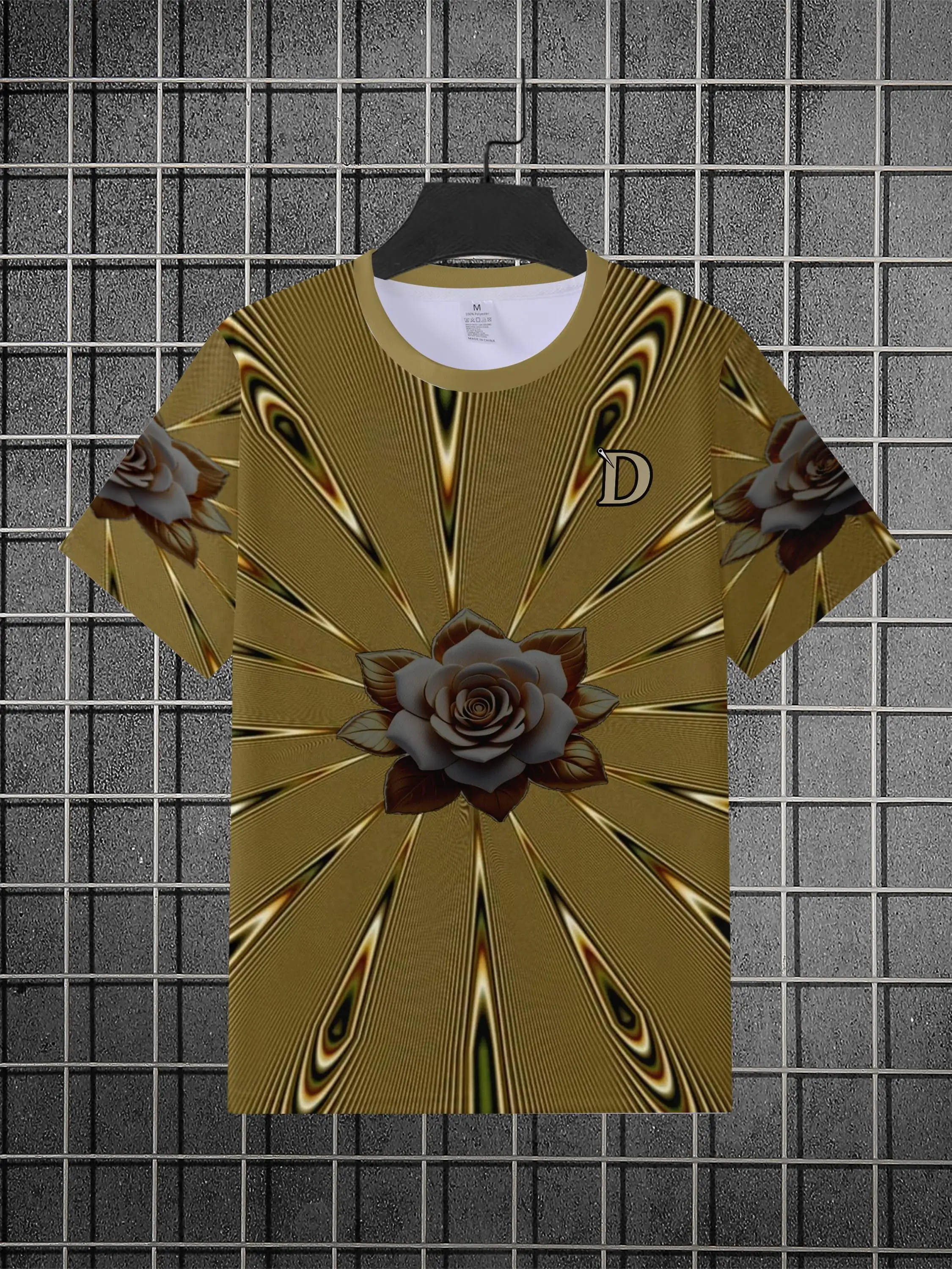 Men's Luxury Golden Radial Line Rose Print T Shirt Vintage Letter D Decor Short Sleeve Fashion Casual Tee