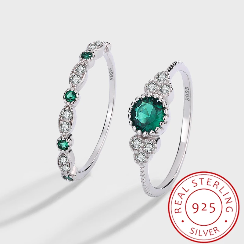 

Fashionable and Personalized Emerald Zircon Genuine S925 Silver Double Layer Stacking Ring Creative Jewelry