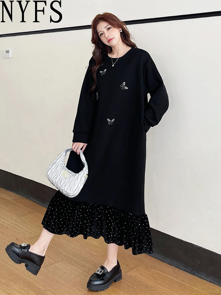 NYFS 2025 خريف شتاء جديد إمرأة فستان طويل فضفاض حجم كبير رداء المرقعة المخملية ذيل السمكة هيم Elbise فساتين طويلة #1