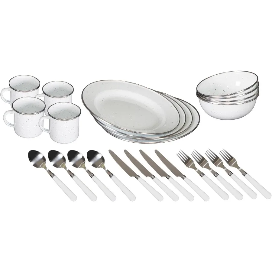 

Stansport Deluxe 24-Piece Enamel Tableware Set - Lightweight and Durable Enamel Plates and Bowls Ideal for Outdoor Camping Back