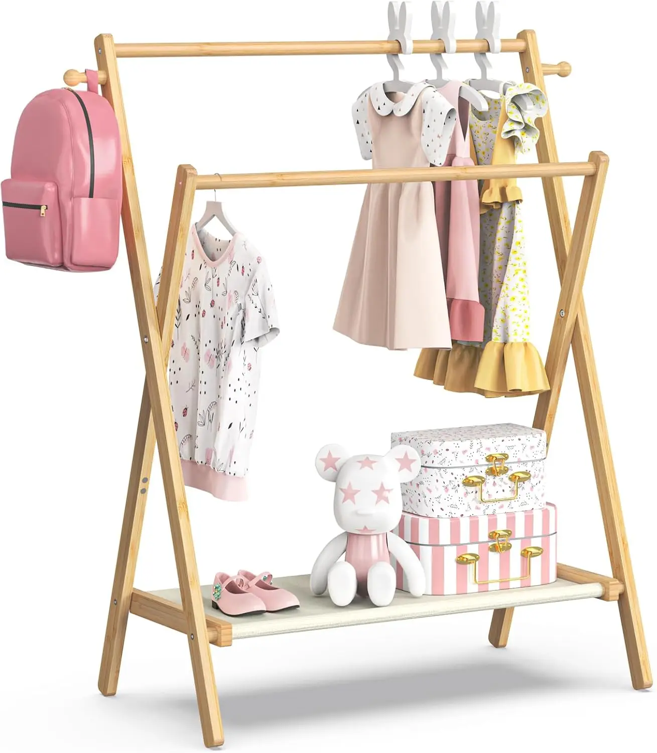 

Kids Clothing Rack, Small Clothes Rack for Toddler Pets, Kids Dress Up Rack with Storage Shelf & Double Rods, Foldable