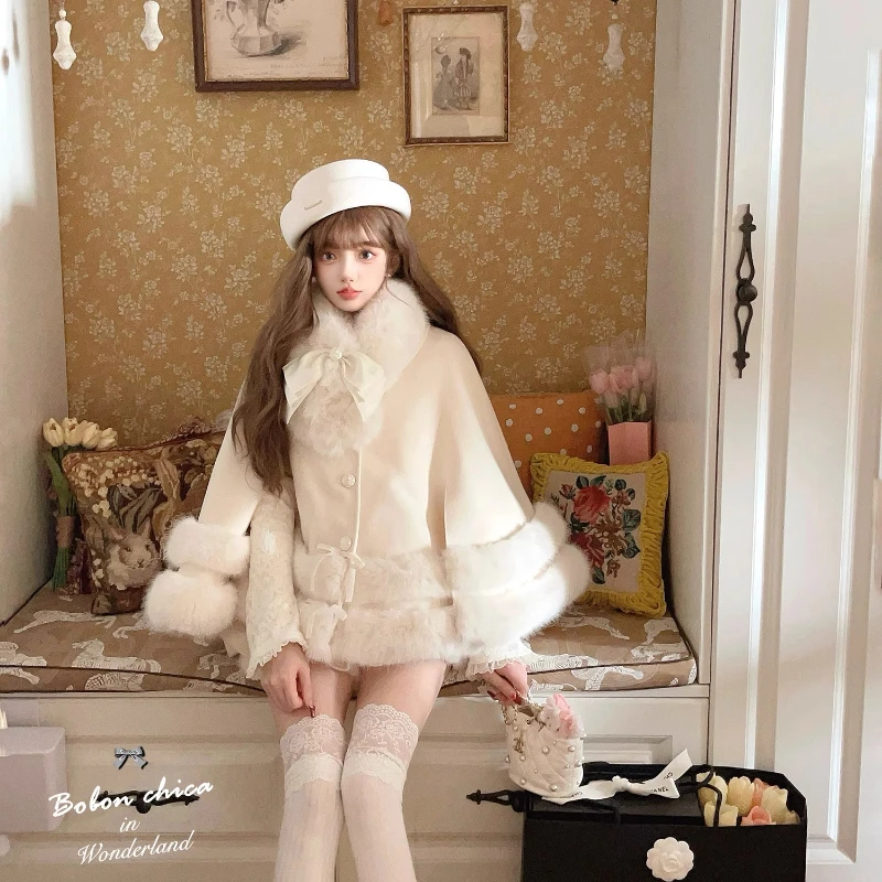 Sweet Princess Style Capes Winter New Japanese and Korean Fashion Women's Loose Plush Thickened Single-Breasted Jacket Ponchos