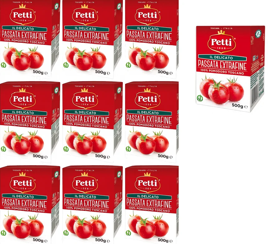 Zestaw 10x Przecier Pomidorowy Passata Extrafine il Delicato 500g - Petti, włoski smak dla Twojej kuchni, łącznie 5 kg