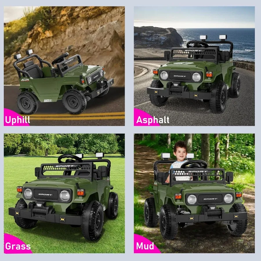 รถยนต์ไฟฟ้าสำหรับเด็กผู้ชาย ขับเคลื่อนด้วยแบตเตอรี่ 12V พร้อมรีโมทคอนโทรล รุ่น Jeep สำหรับเด็กอายุ 3-5 ปี พร้อมระบบกันสะเทือนแบบสปริง บลูทูธ เพลง และไฟ LED