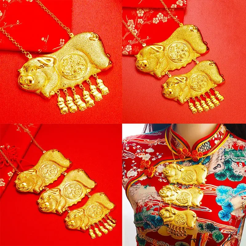 Imitation 100% Real Gold 24K Pig Brand Wedding Wedding Necklace Female Bride Flower Set 999 Gold Color Chinese Wedding Jewelry