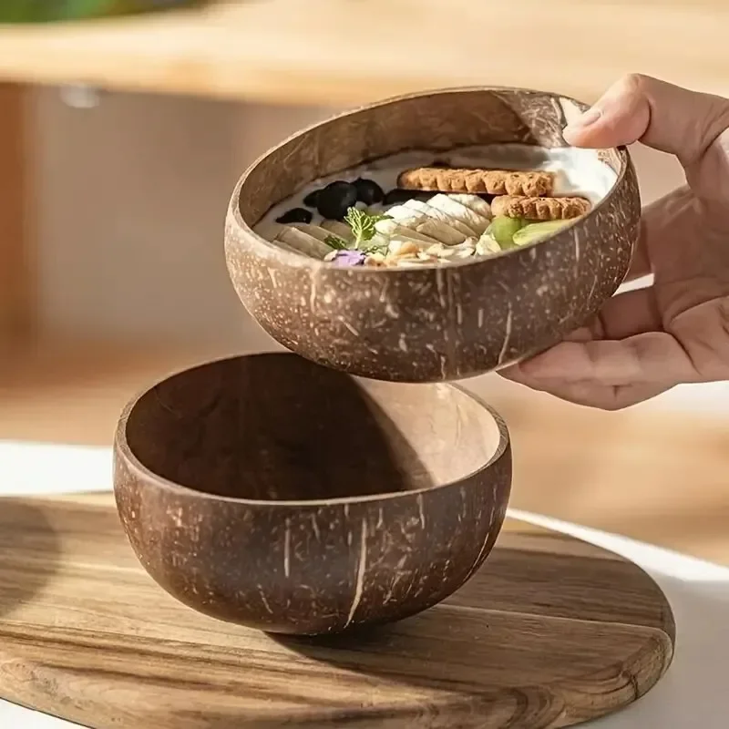 Natural Coconut Bowl Handmade Wooden Tableware Dessert Fruit Salad Mixing Rice Ramen Bowl with Spoon Kitchen Reusable Dinnerware