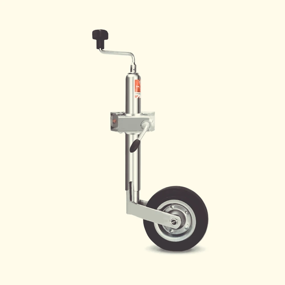 Soporte remolque tipo europeo duraro con rueda apoyo y abrazara para caravana, tapa tubo 48 mm