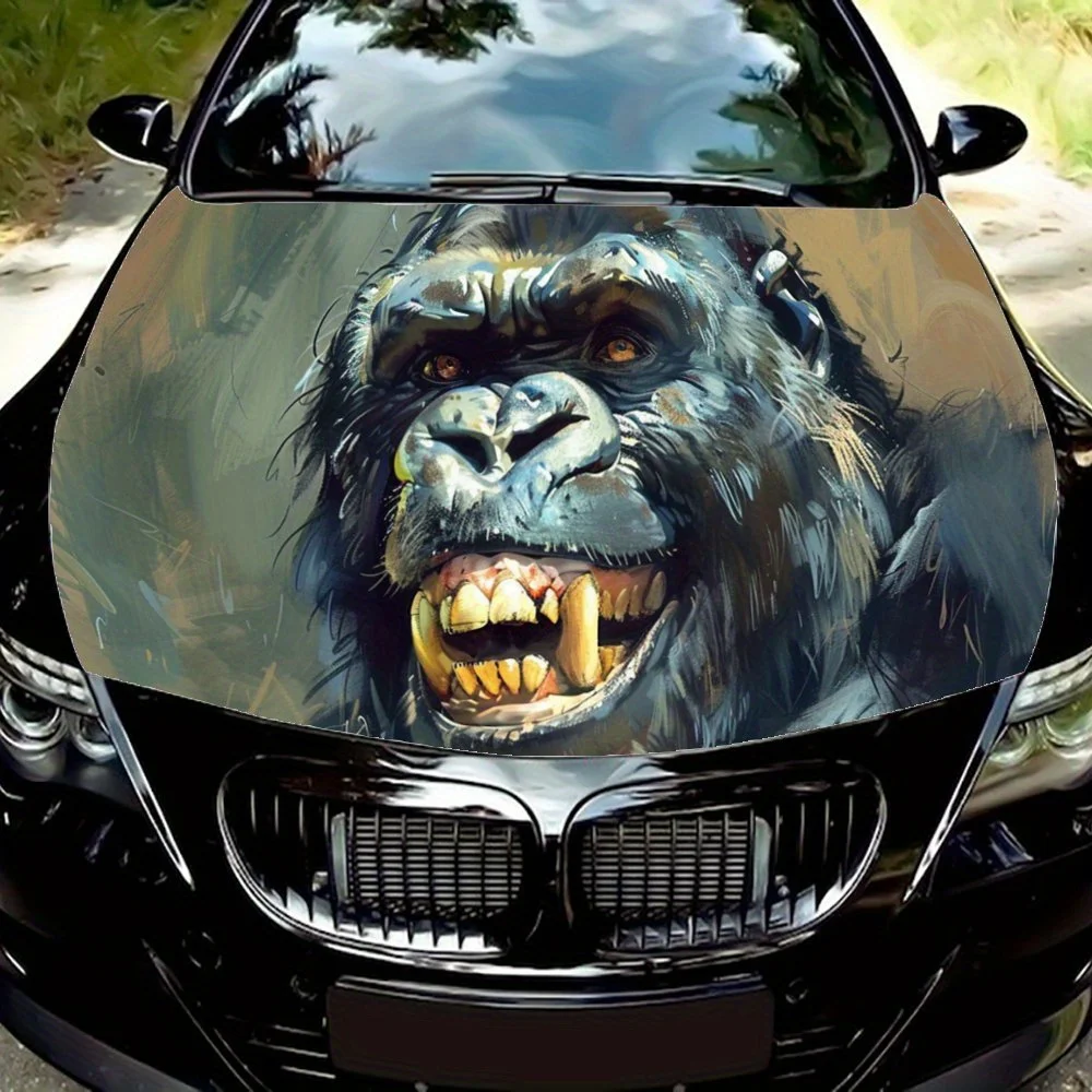 

Горилла имеет большой рот, открытый автомобильный капот, цветная виниловая наклейка, графический капот грузовика, автоаксессуары, украшение, защитная наклейка, подарок