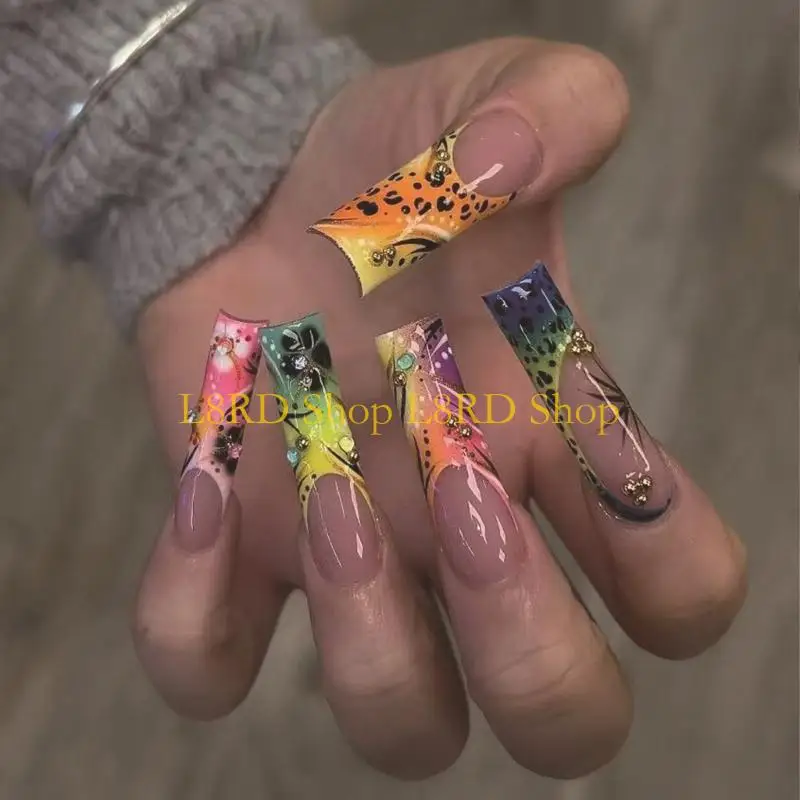 

L8RD 24Pcs Press on Coffin Glues on French Fake Flower Designs False Artificial Gifts for Women Girl
