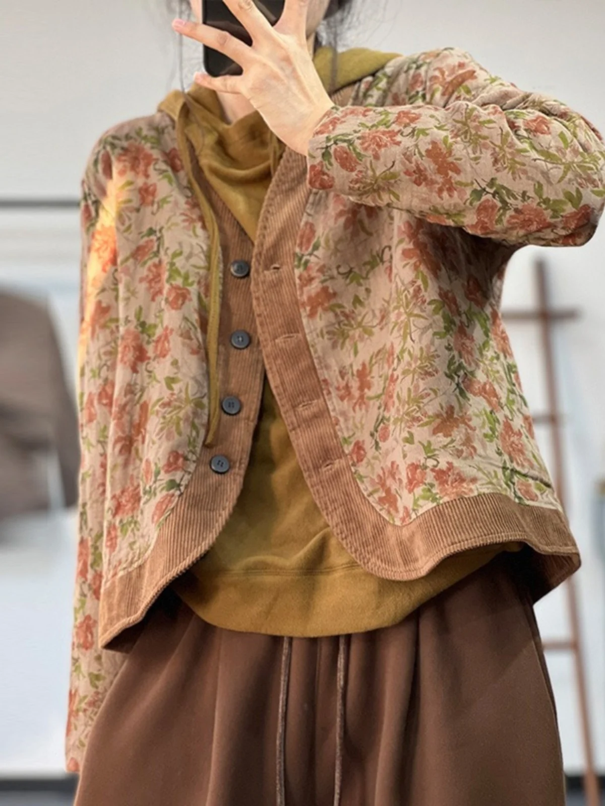 

Хлопковая куртка с цветочным принтом, женское тонкое хлопковое пальто с v-образным вырезом на одной пуговице, длинная све, свободная зимняя верхняя одежда