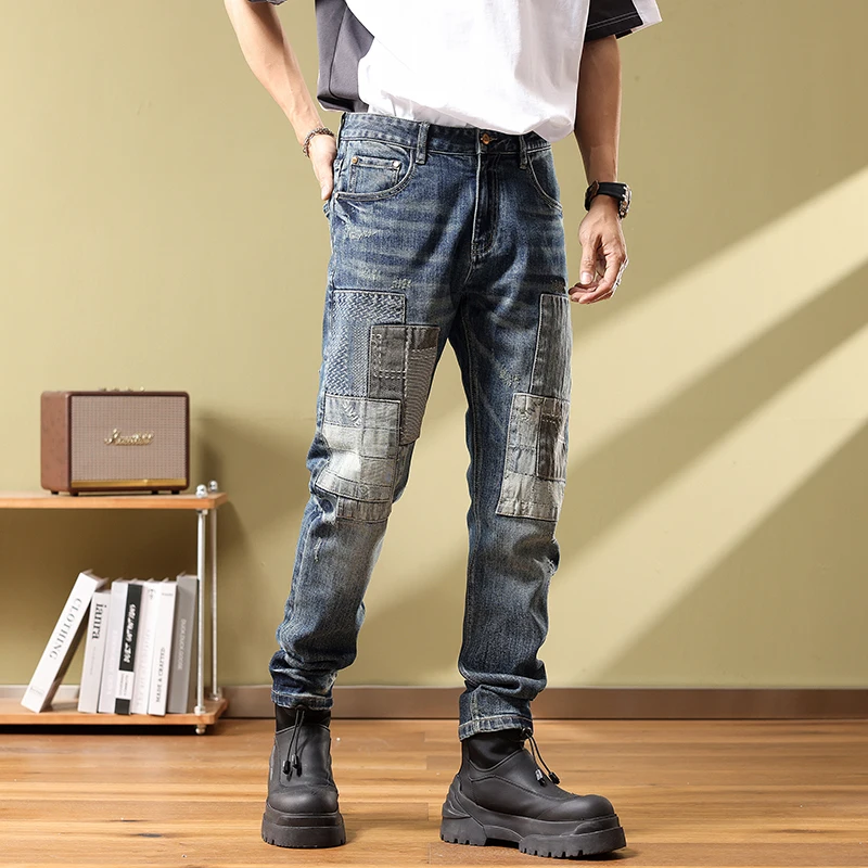 High quality jeans men's patchwork slim fitting small straight leg pants embroidered pants mens cargo jeans clothing