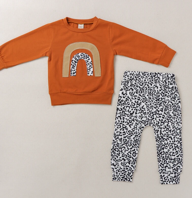 Baby Girl Fall Shirt Pants Suit Rainbow Printed Round Neck Long Sleeve Top Girl Loose Jogger Leopard Trousers